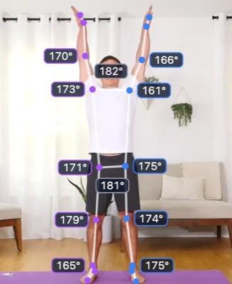 Shoulder abduction, top of the lift: the tracked skeleton over the video