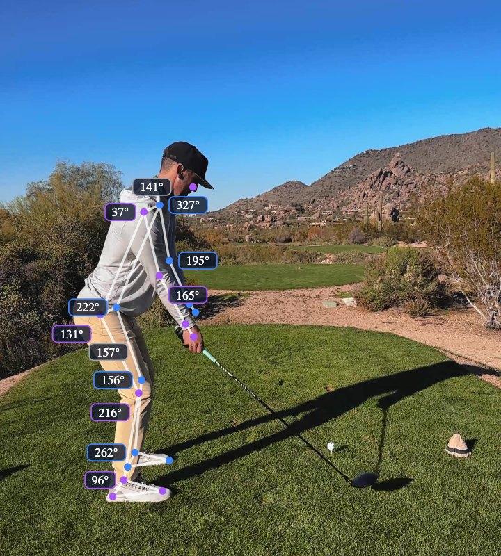 A golfer at address with a driver, filmed from behind down the target line, with the tracked skeleton and joint angles drawn over the video.