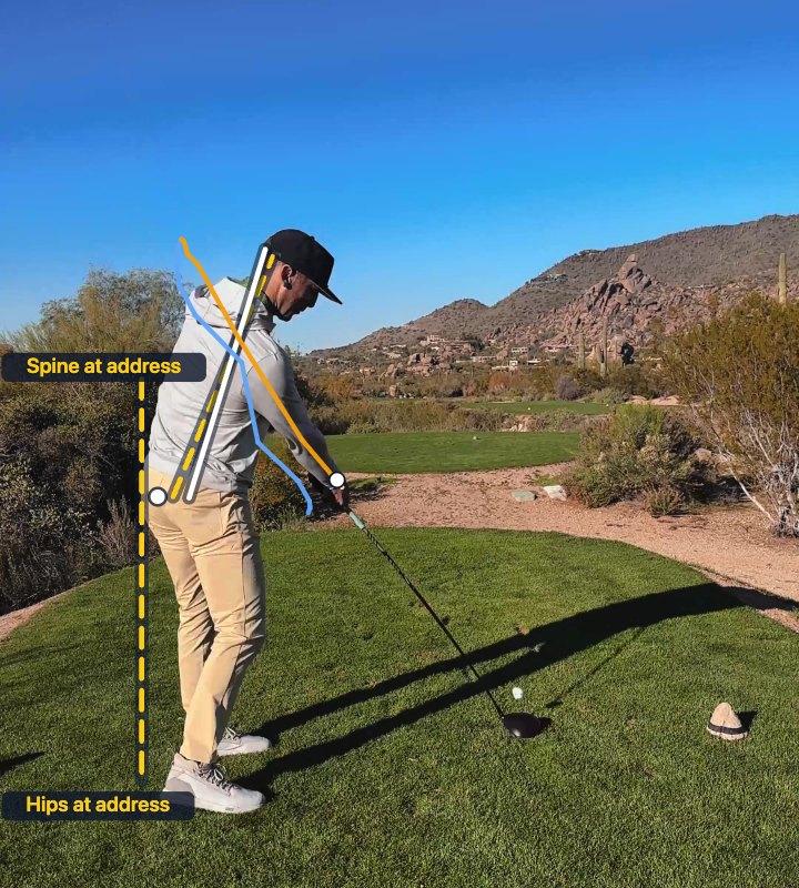 The same golfer at impact, with the hands' path traced — blue on the way back, amber on the way down — and dashed lines where the hips and spine were at address.
