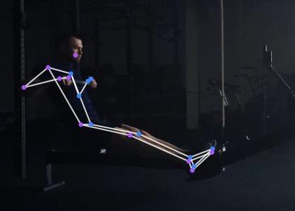 Indoor rowing · side-on, Finish: the tracked skeleton over the video